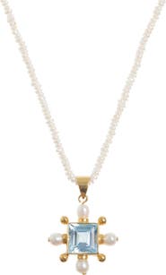 Freya Rose Seed Pearl Necklace with Blue Topaz Cross Pendant