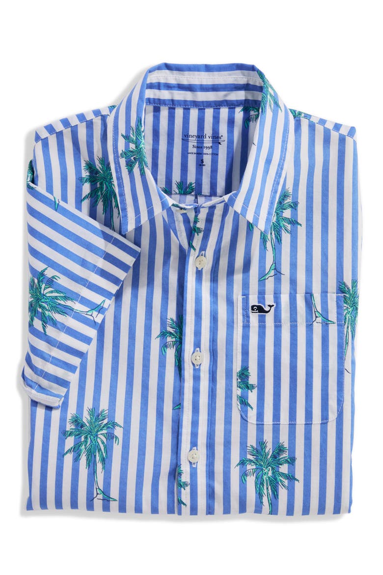Kids' Print Cotton Short Sleeve Button-Up Shirt, Alternate, color, BREAKER BLUE