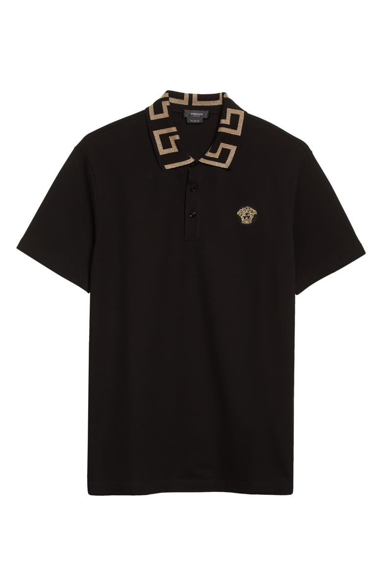 Versace Greco Collar Cotton Piqué Polo, Alternate, color, Black