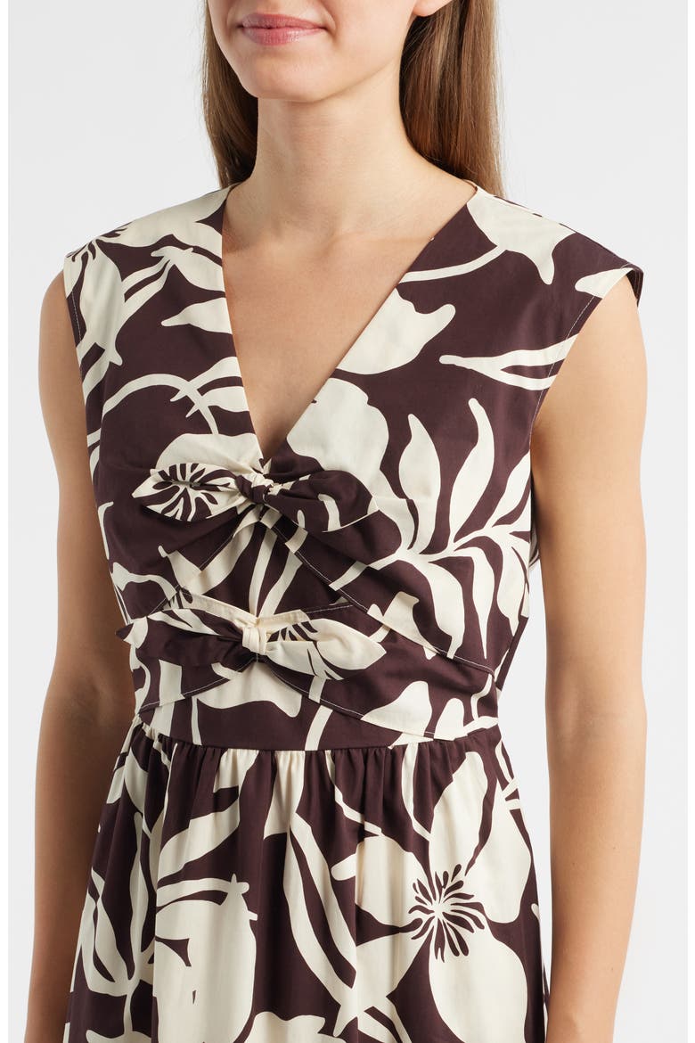 Print Bow Detail Sleeveless Midi Dress, Alternate, color, JAVA CHIP/IVORY SHEL