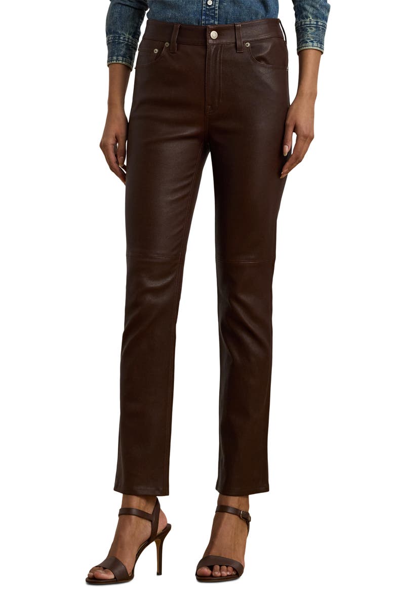 Lauren Ralph Lauren High Waist Leather Ankle Slim Pants, Main, color, 