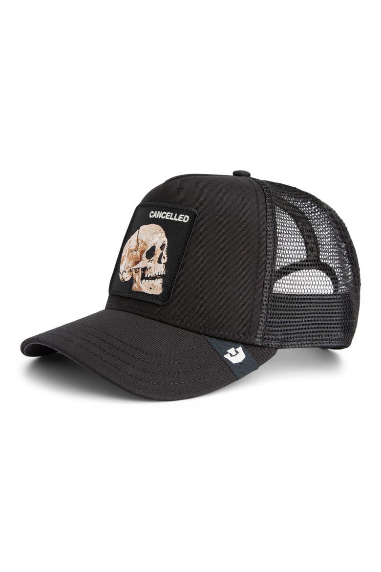 The Cancelled Skull Patch Snapback Trucker Hat, Main, color, VOID