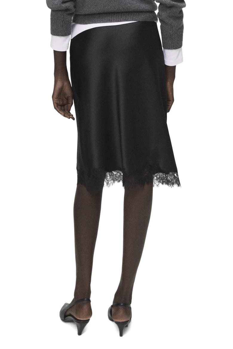 Lace Trim Satin Midi Skirt, Alternate, color, BLACK