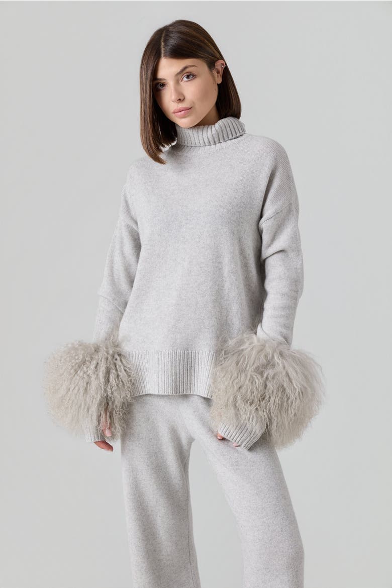 Mongolian Shearling Cuffs Cashmere Sweater, Alternate, color, Gray