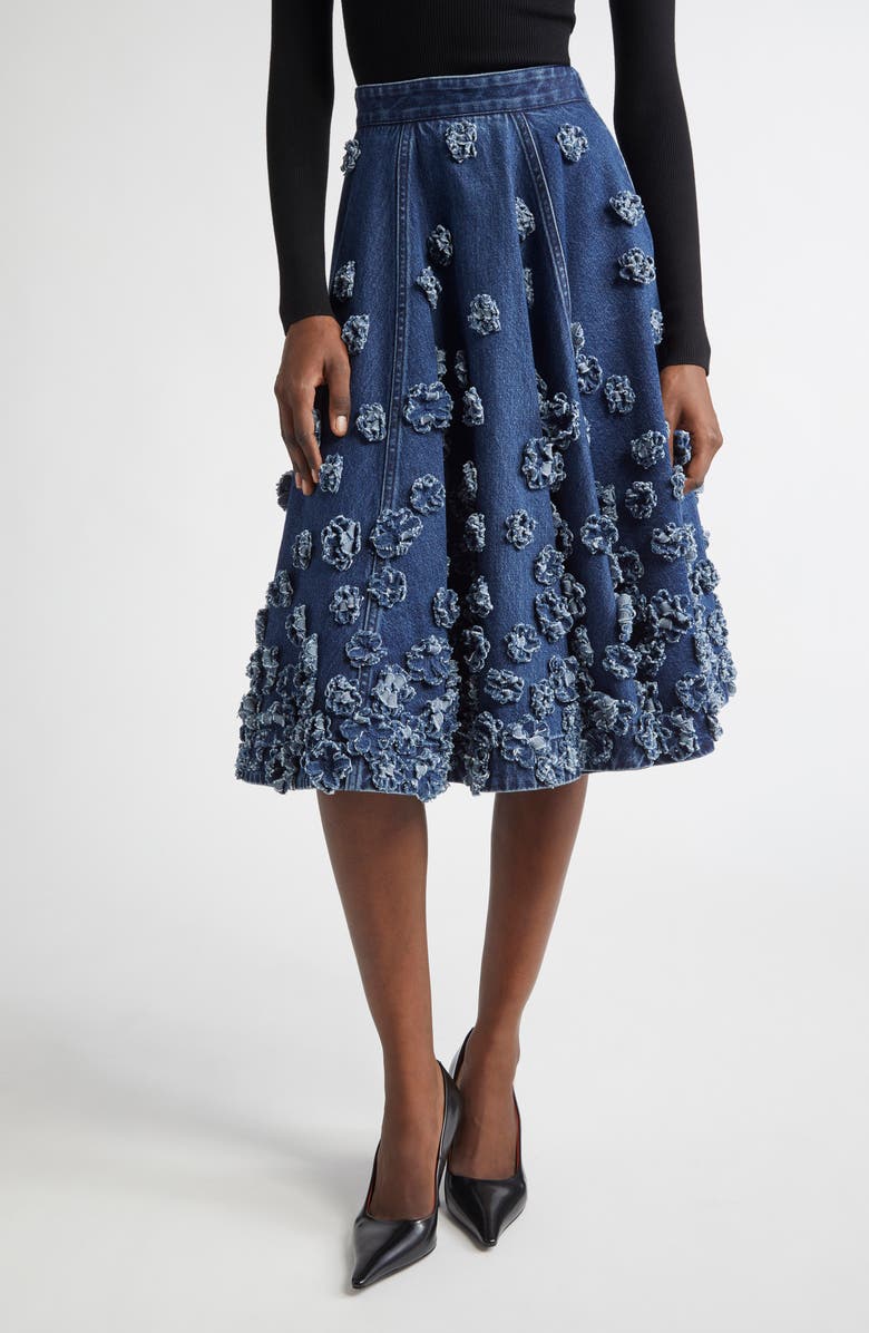 Michael Kors Collection Floral Appliquè Denim Midi Skirt, Main, color, Light Indigo