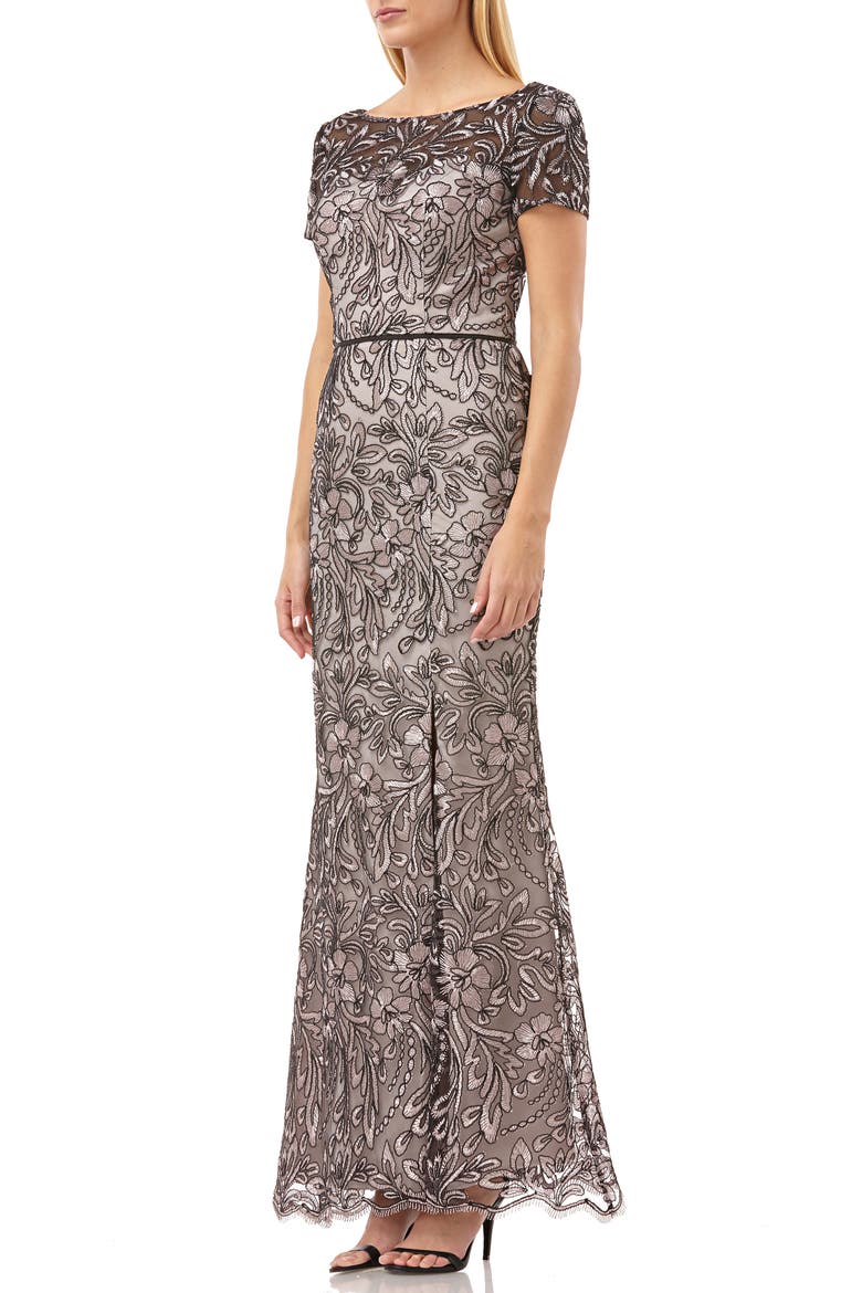 Embroidered Trumpet Gown, Alternate, color, CLAY