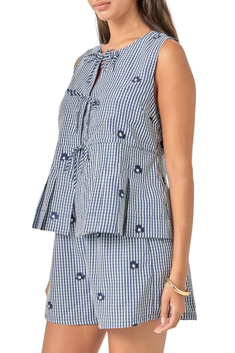 Bow Detail Gingham Embroidered Peplum Top, Alternate, color, NAVY