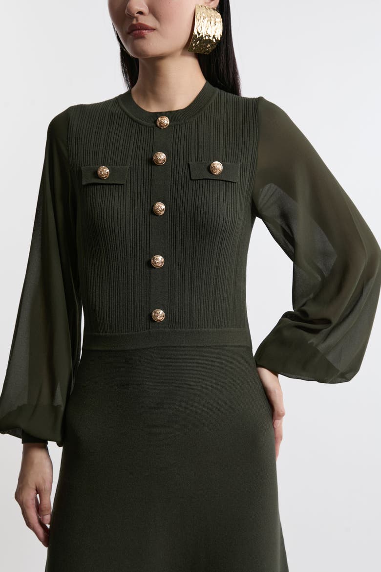 Military Trim Chiffon Sleeve Knit Dress, Alternate, color, Olive