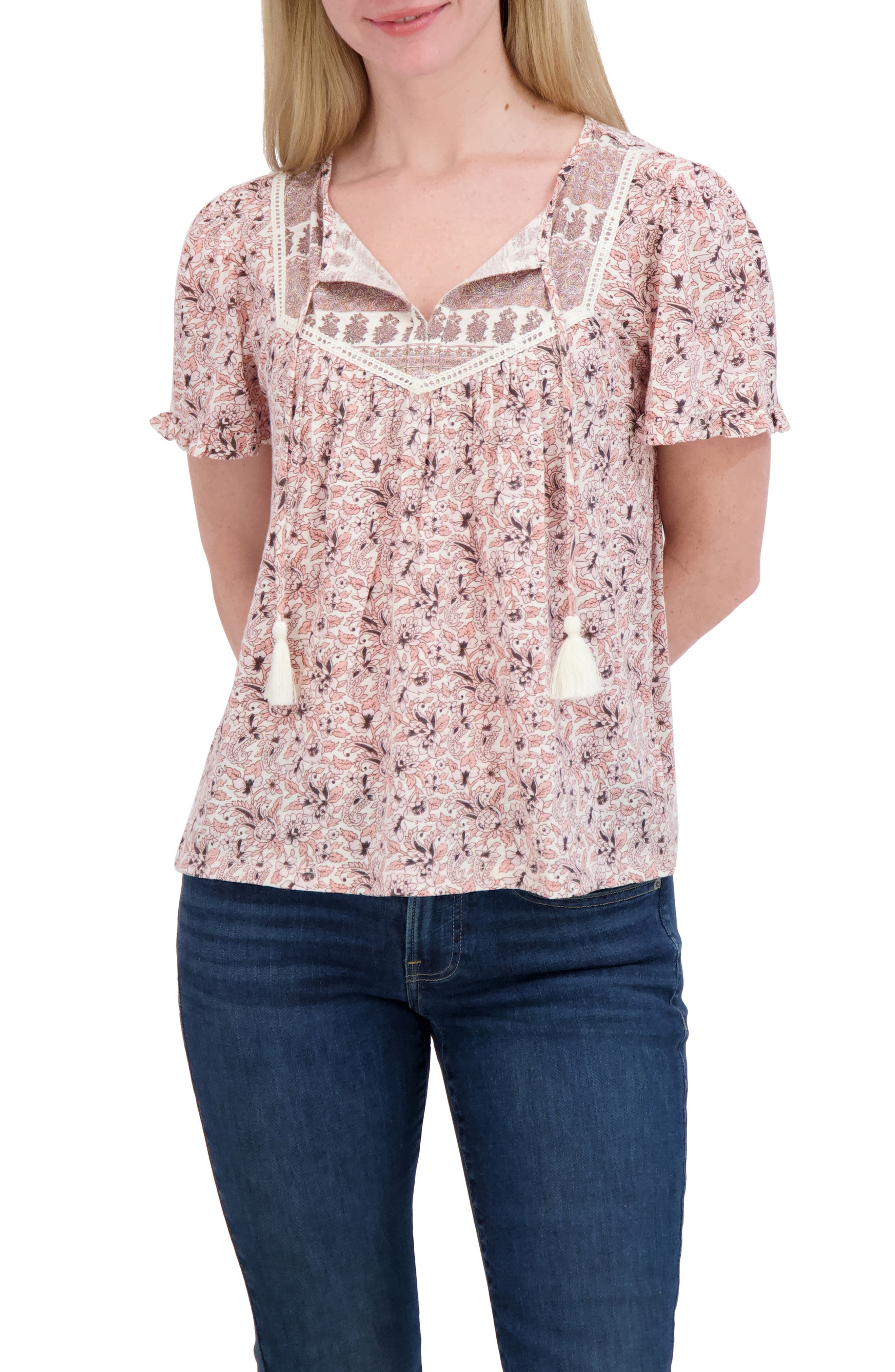 Lucky Brand Split Neck Puff Sleeve Top