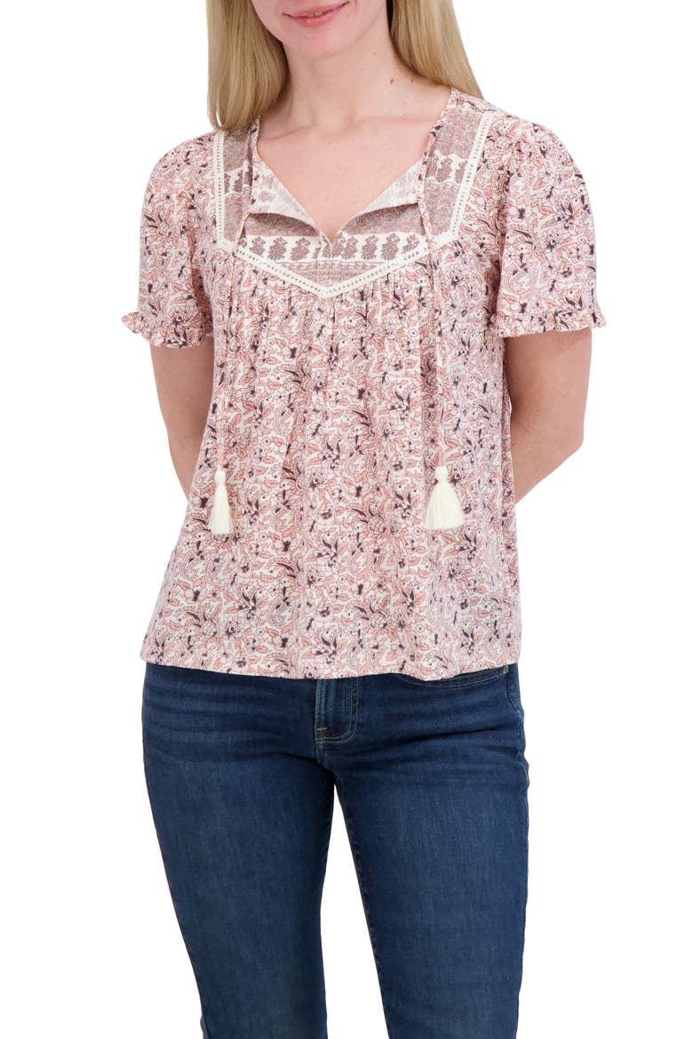 Split Neck Puff Sleeve Top, Main, color, CREAM FLORAL