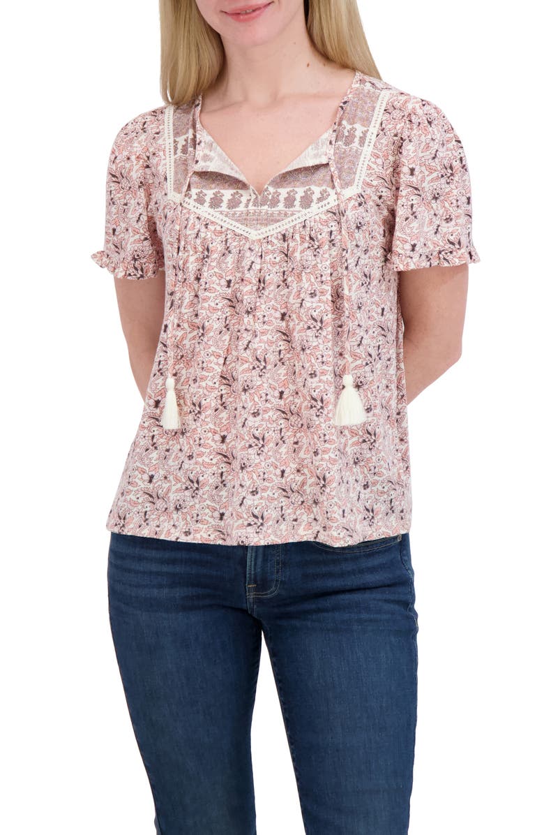 Lucky Brand Split Neck Puff Sleeve Top, Main, color, Cream Floral