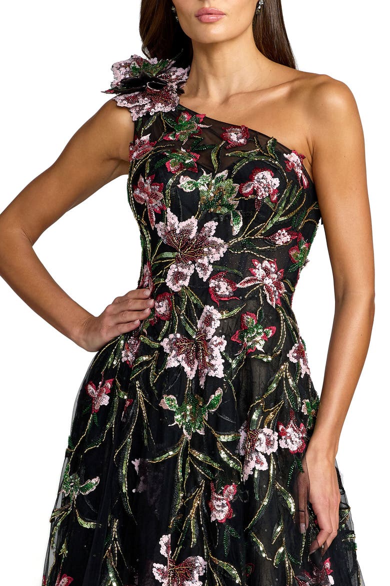 One Shoulder Floral Embellished Tulle Midi Dress, Alternate, color, Black Multi
