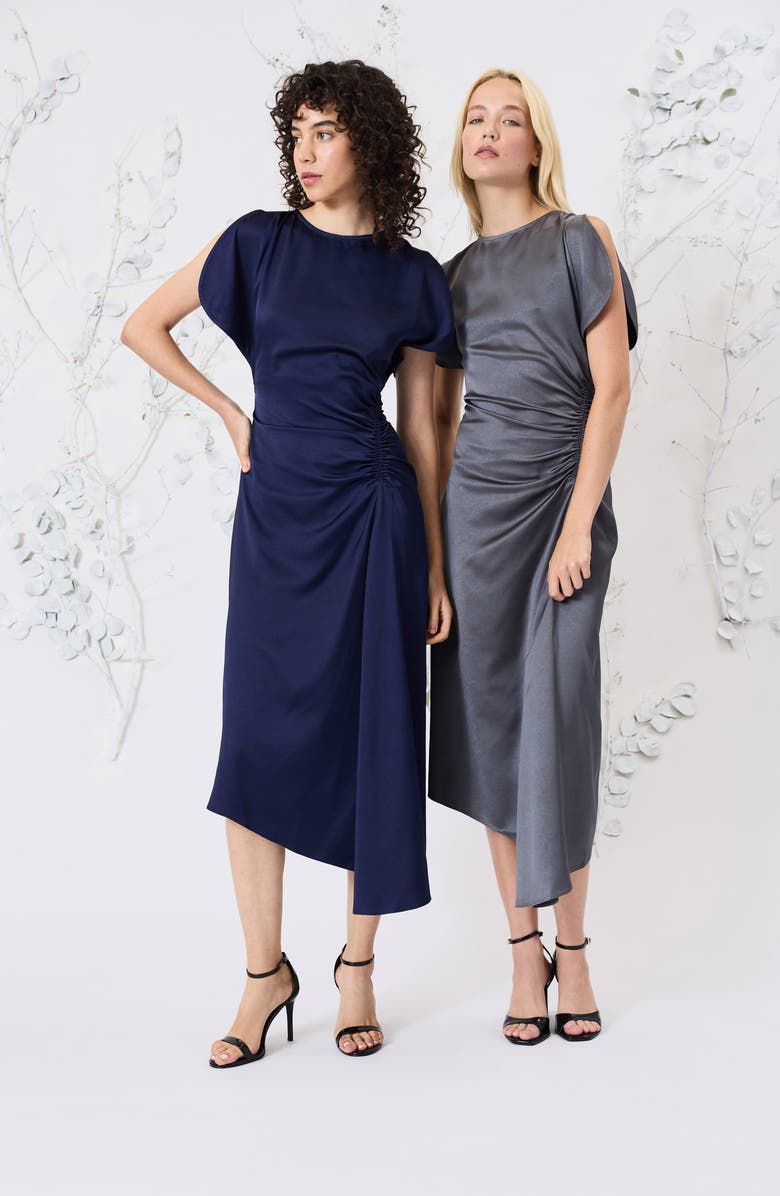 Luxely Short Sleeve Asymmetric Draped Midi Dress, Alternate, color,