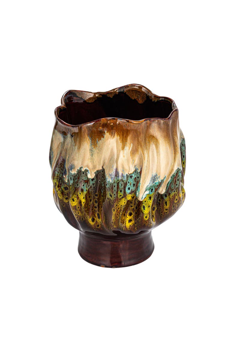Stoneware Organic Shaped Planter Vase with Reactive Glaze, Multicolor, Main, color, Black