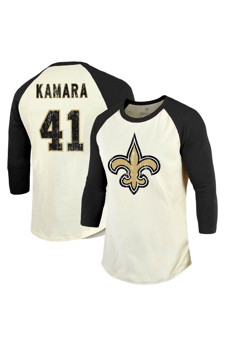 Majestic Threads Men's Majestic Threads Alvin Kamara Cream/Black New Orleans Saints Vintage Player Name & Number Raglan 3/4-Sleeve T-Shirt, Main, color,