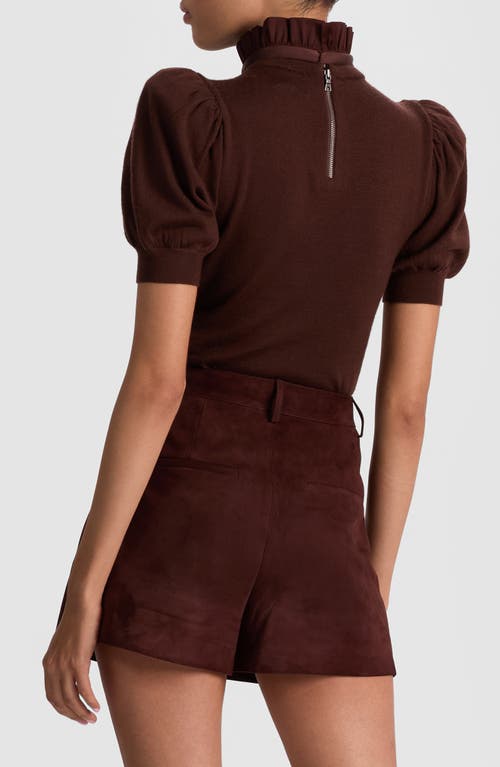 Alice And Olivia Chase Puff Sleeve Ruffle Neck Sweater Dark Chocolate In Brown