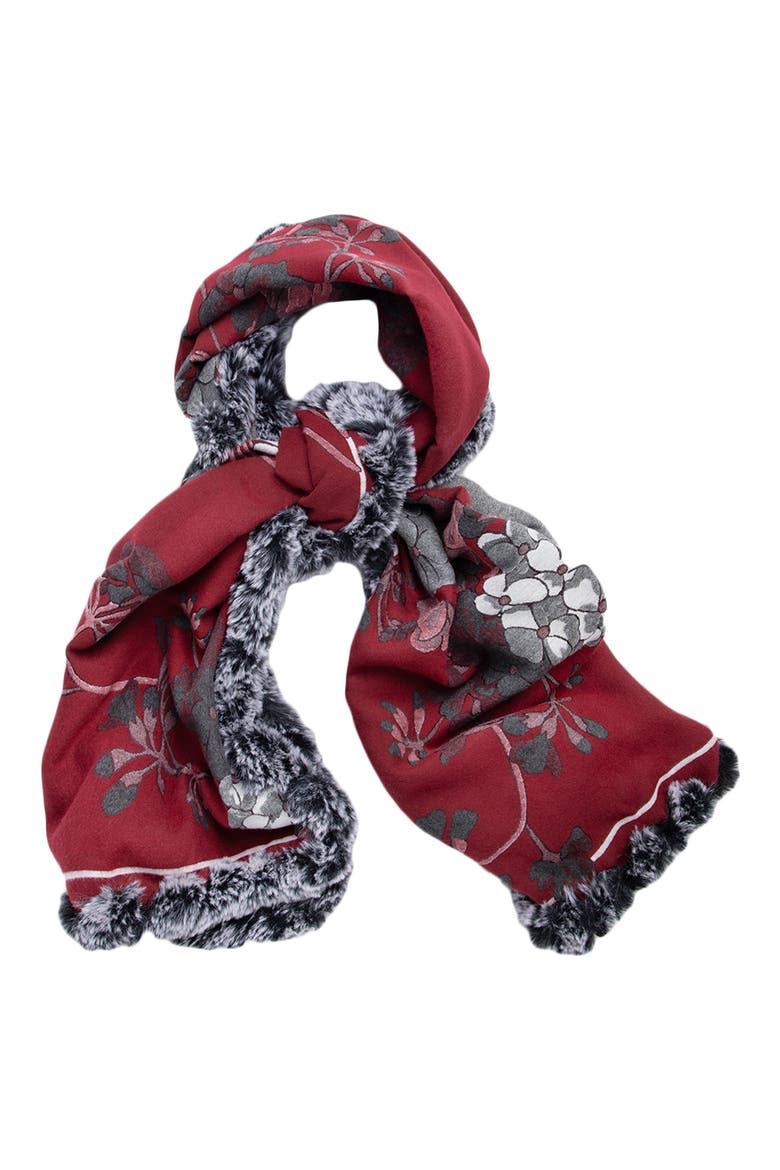 Floral Reversible Scarf with Faux Fur Trim, Alternate, color, MAROON