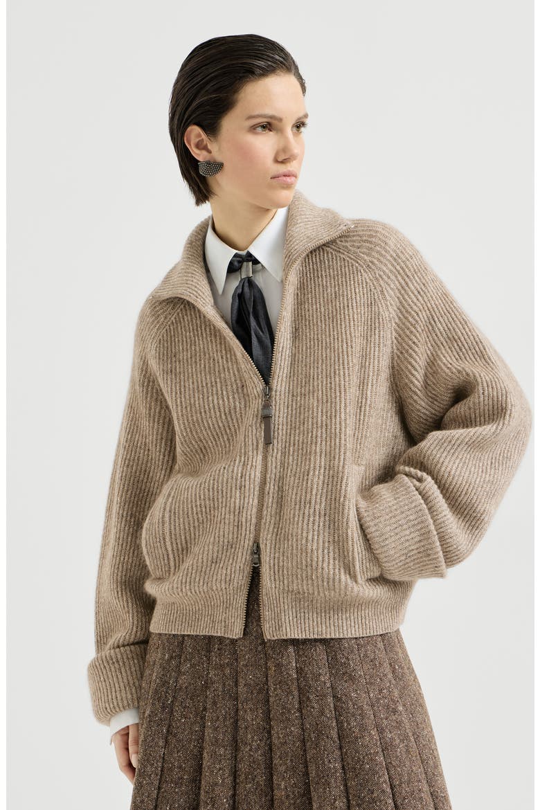 Sparkling cashmere, mohair and wool ribbed cardigan with shiny zipper pull, Main, color, Light Brown