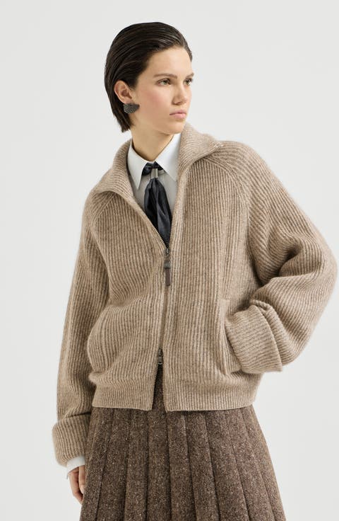Sparkling cashmere, mohair and wool ribbed cardigan with shiny zipper pull