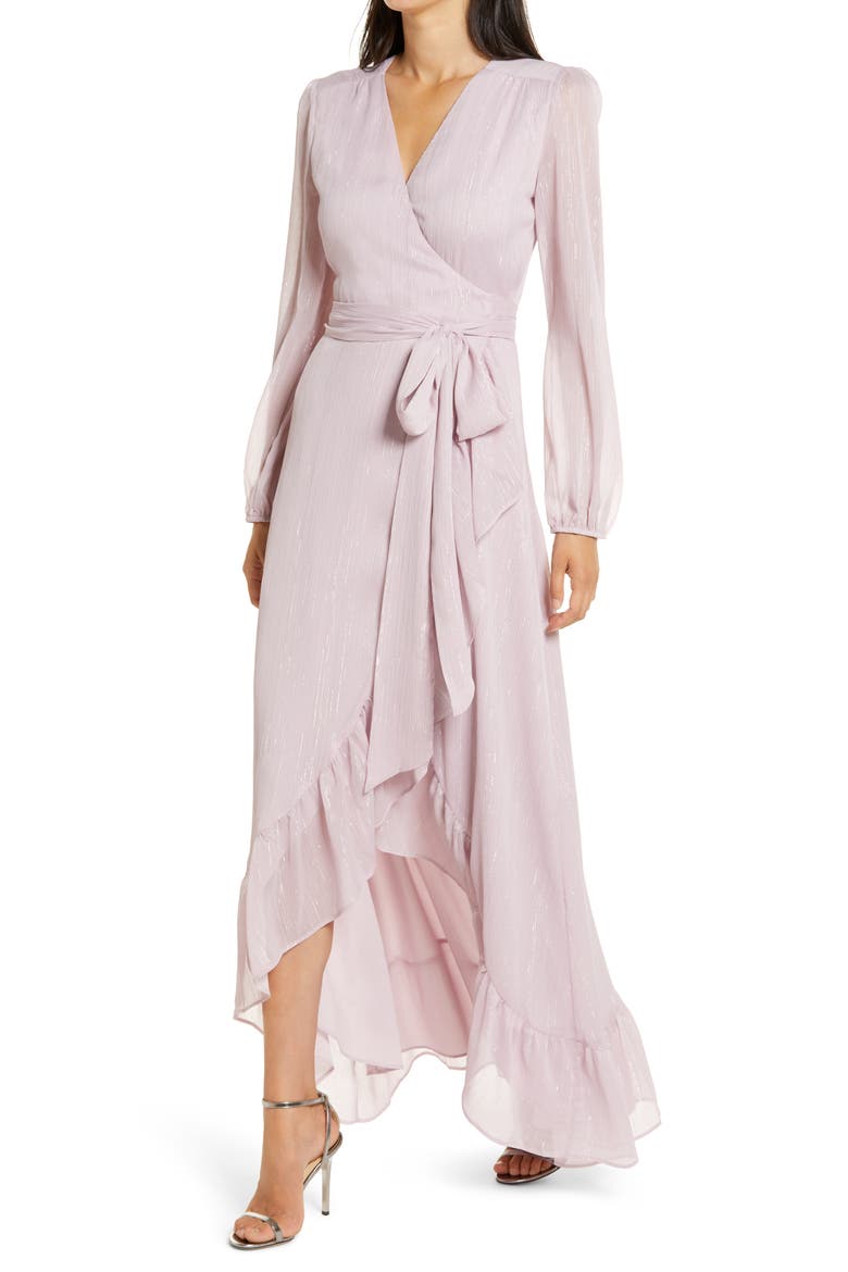 The Meryl Long Sleeve Metallic Chiffon Wrap Gown, Main, color, LILAC
