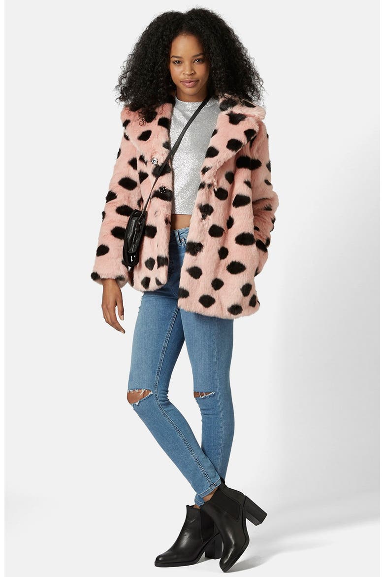 Polka Dot Faux Fur Coat, Alternate, color, PINK MULTI