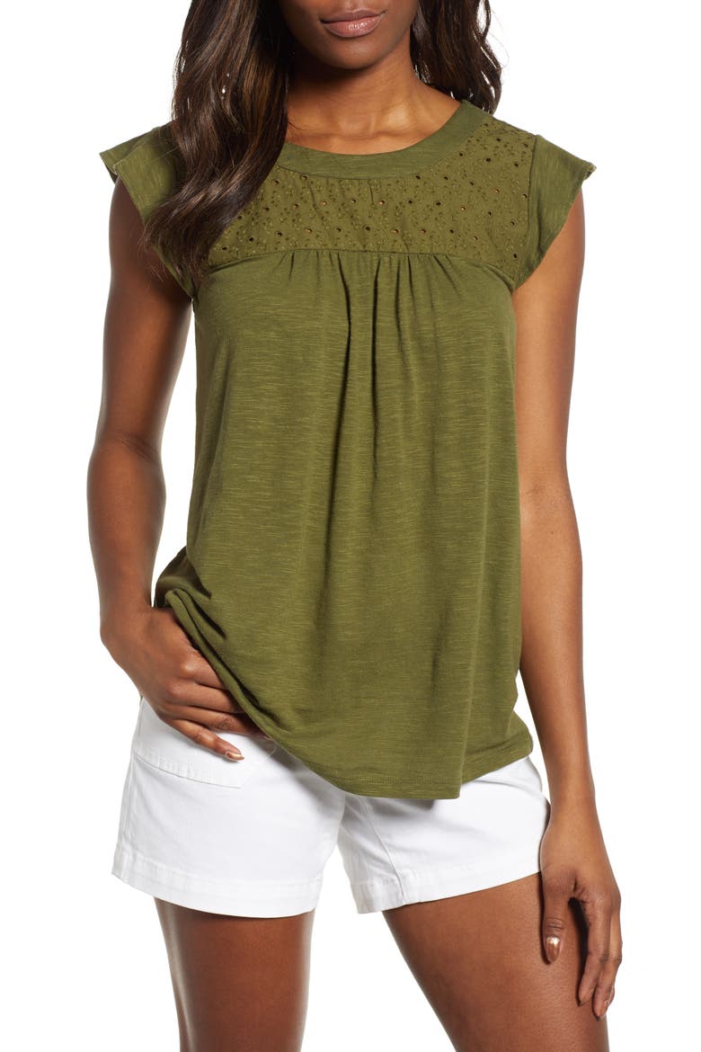 Eyelet Detail Baby Doll Top, Main, color, OLIVE MOSS