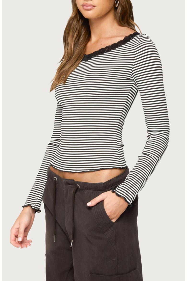Jaela Lace Trim Striped Top, Alternate, color, BLACK-AND-WHITE
