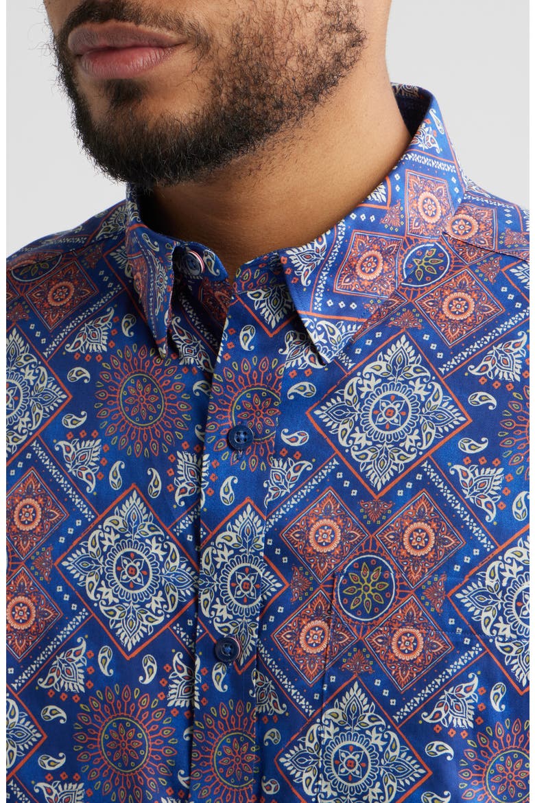 Logan Geo Print Short Sleeve Cotton Blend Button-Up Shirt, Alternate, color, NAVY / RED BANDANA