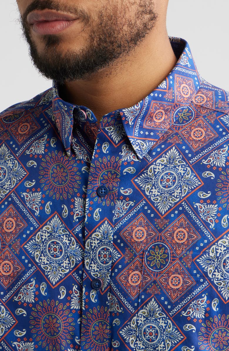 Johnston & Murphy Logan Geo Print Short Sleeve Cotton Blend Button-Up Shirt, Alternate, color, Navy / Red Bandana