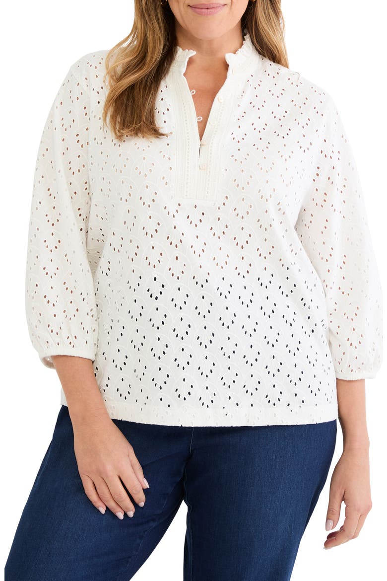 Ruffle Neck Eyelet Top, Main, color, PAPER WHITE