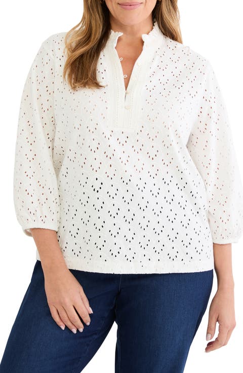 Ruffle Neck Eyelet Top (Plus)