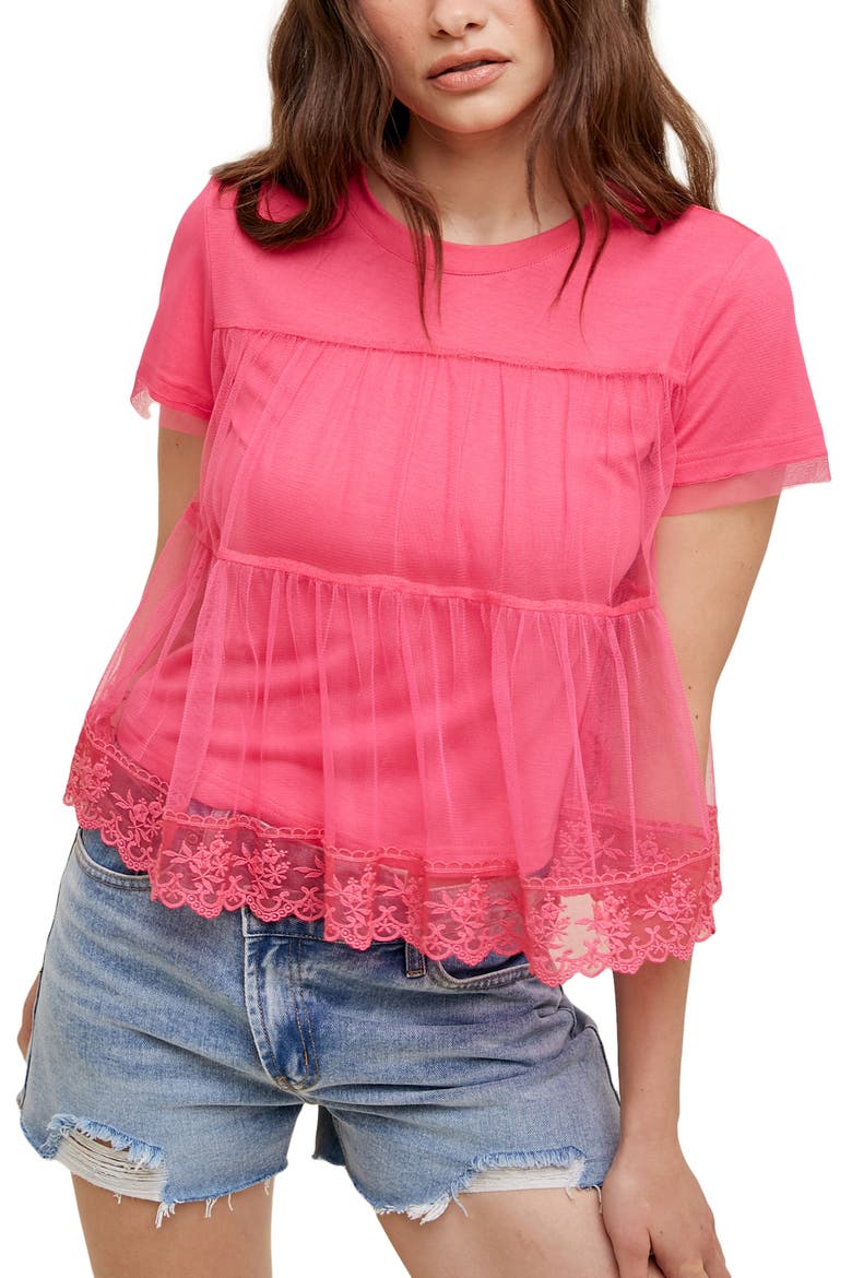 Short Sleeve Embroidered Mesh Babydoll Top, Main, color, PINK
