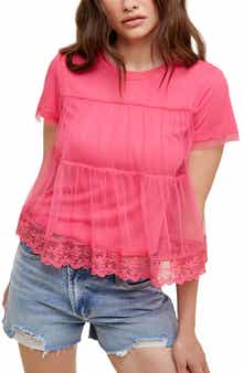 WISHLIST Short Sleeve Embroidered Mesh Babydoll Top