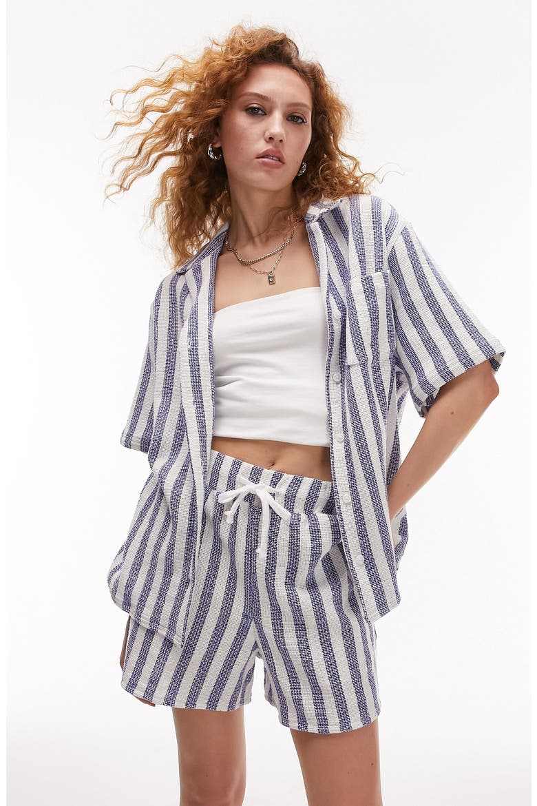 Stripe Oversize Cotton Button-Up Shirt, Main, color, MID BLUE