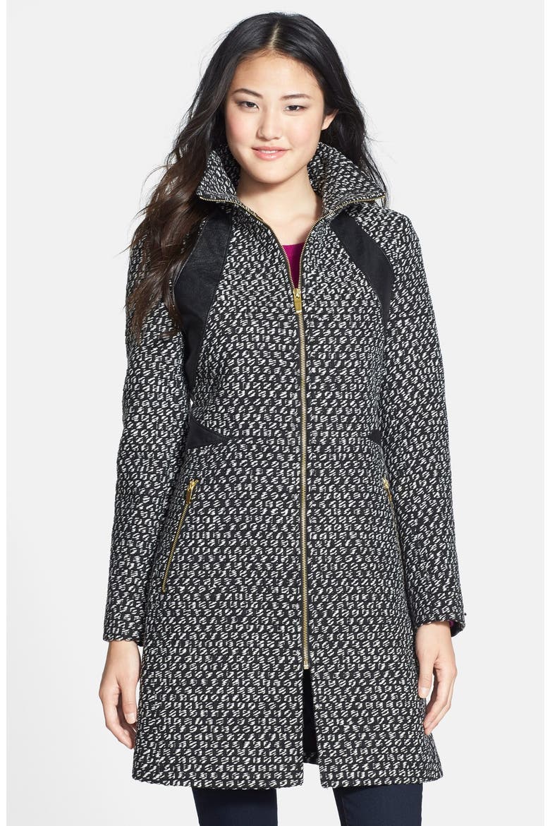 Faux Leather Trim Front Zip Coat, Main, color, BLACK/ WHITE