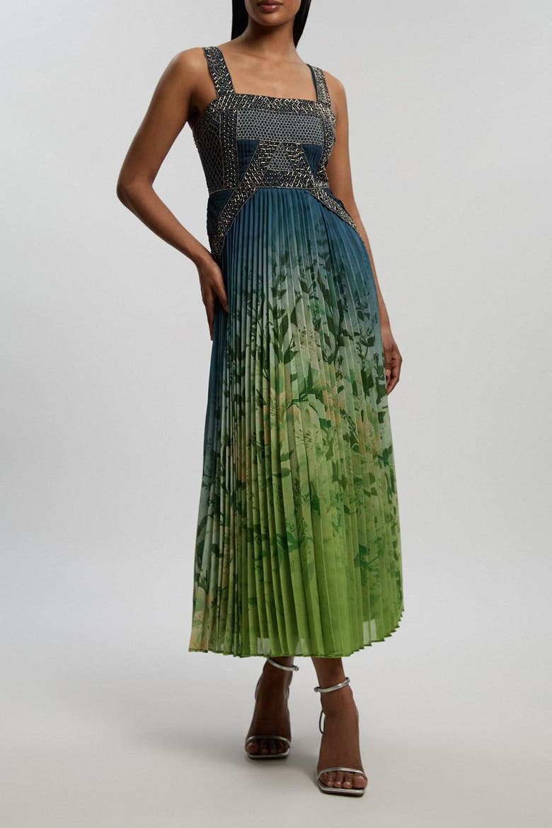 Embellished Pleated Maxi Dress, Alternate, color, Navy