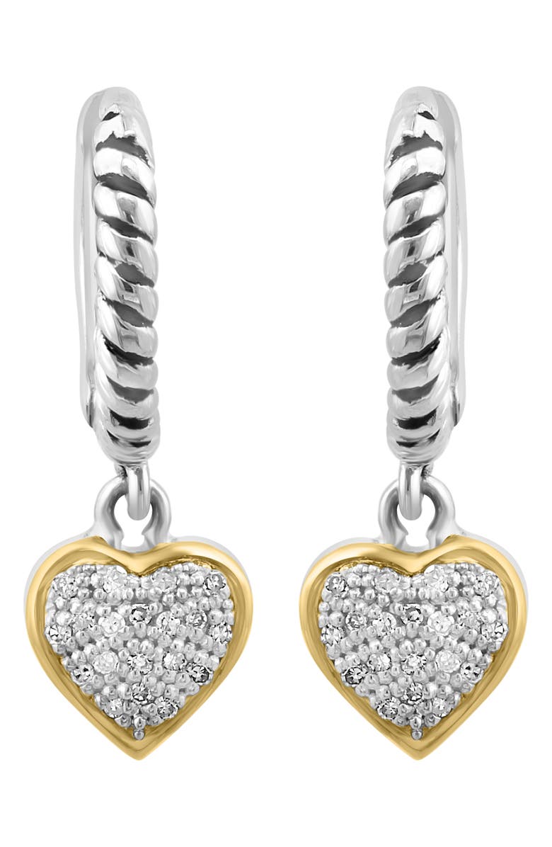 EFFY Sterling Silver Hoop & Diamond Heart Dangle Earrings - 0.10ct, Main, color, Silver