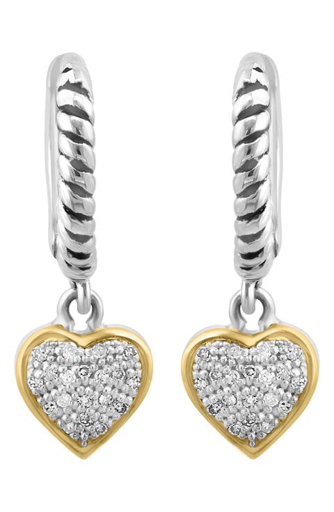 Sterling Silver Hoop & Diamond Heart Dangle Earrings - 0.10ct