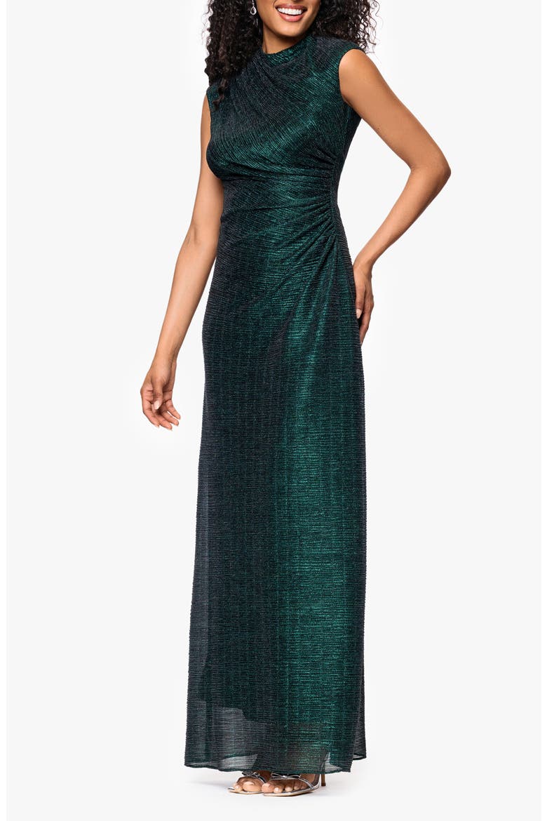 Metallic Crinkle Ruched Gown, Alternate, color, BLACK/ EMERALD
