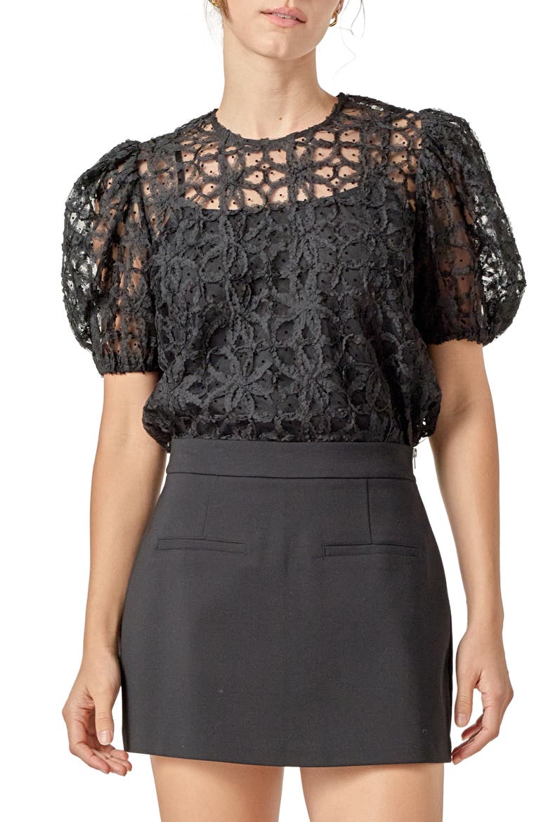 Floral Texture Puff Sleeve Top, Main, color, BLACK