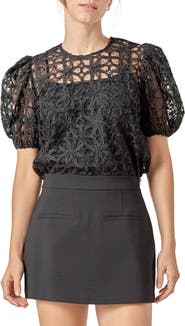 English Factory Floral Texture Puff Sleeve Top