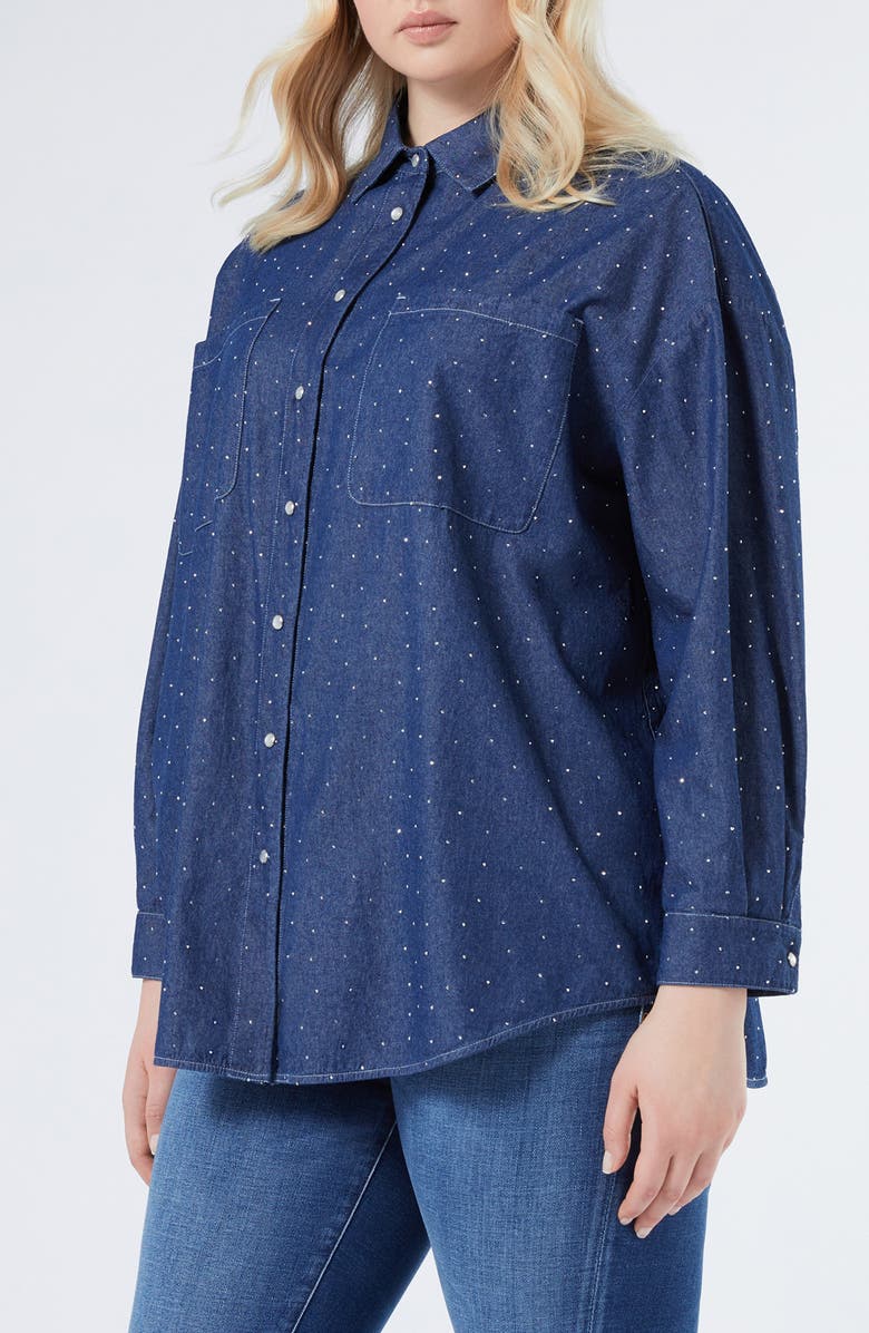 Marina Rinaldi Jene Rhinestone Detail Denim Shirt Jacket, Main, color, Navy