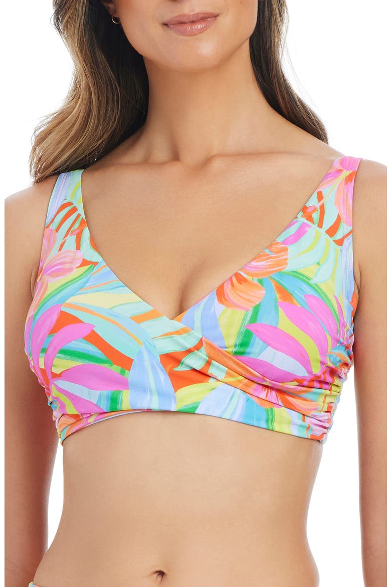 Print Banded Wrap Bikini Top, Main, color, PINK MULTI
