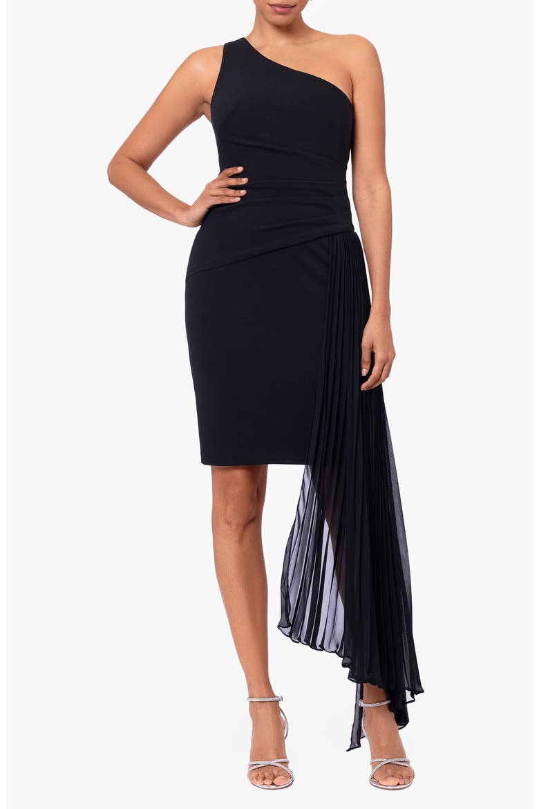 Pleated One-Shoulder Cocktail Dress, Main, color, BLACK