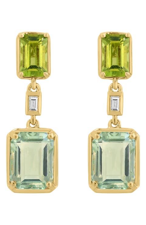 14K Gold Green Amethyst Diamond & Peridot Drop Earrings - 0.04ct.