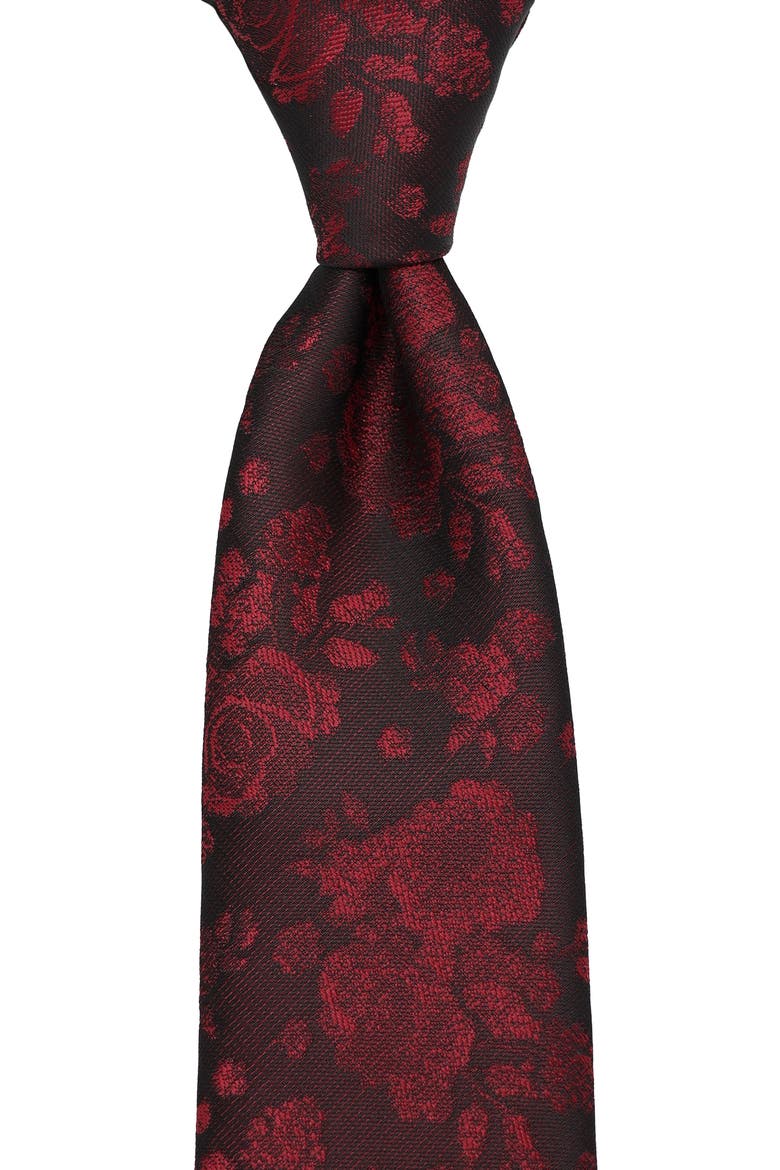 Floral Print Tie, Alternate, color, BLACK/ BURGUNDY