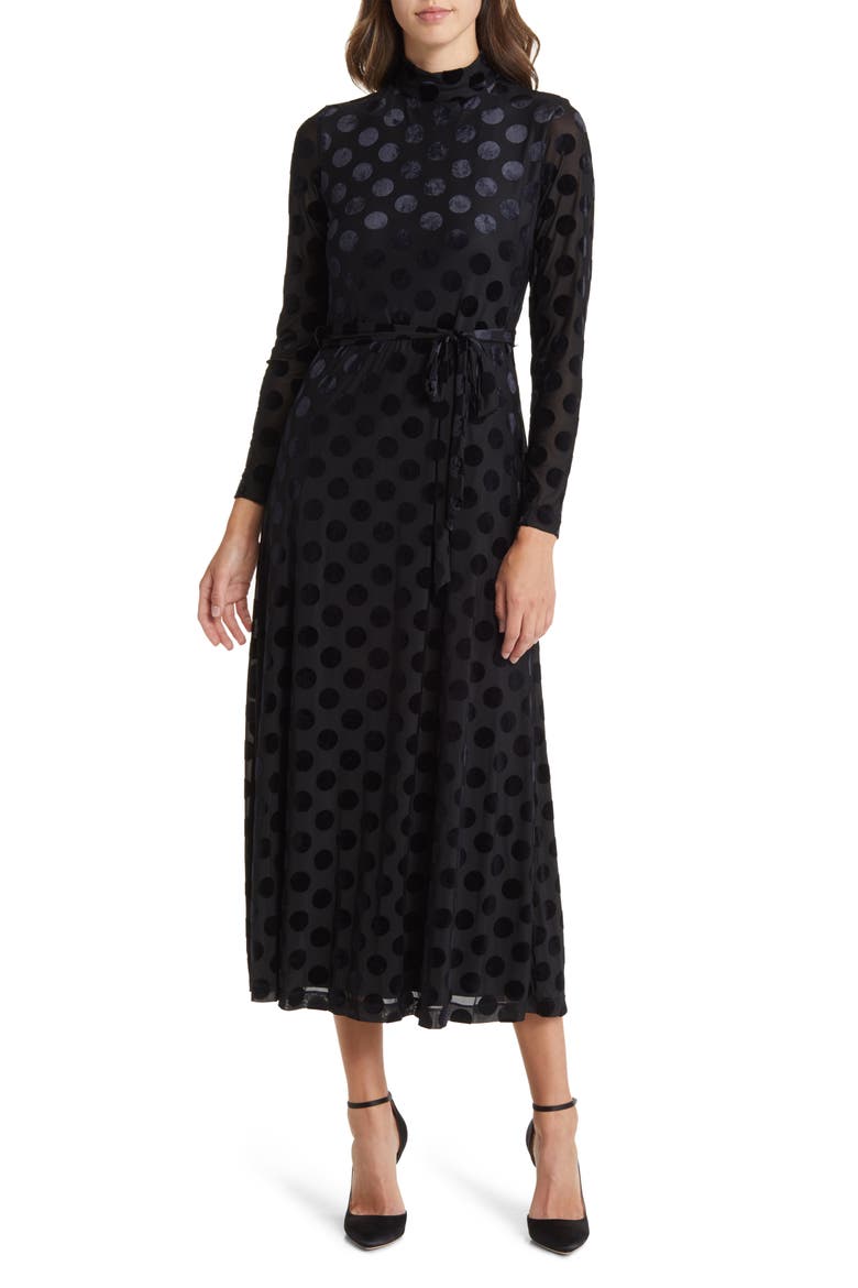 Velvet Dot Mock Neck Long Sleeve Dress, Main, color, ANNE BLACK