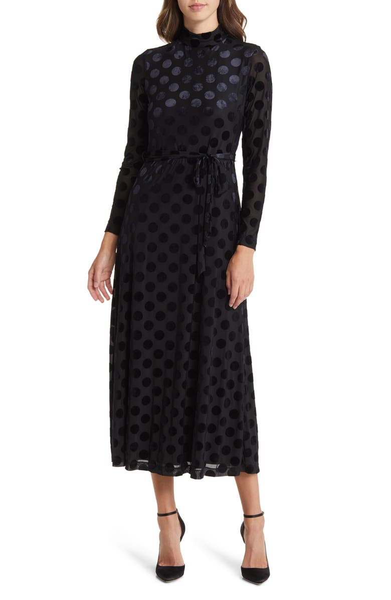 Anne Klein Velvet Dot Mock Neck Long Sleeve Dress, Main, color,