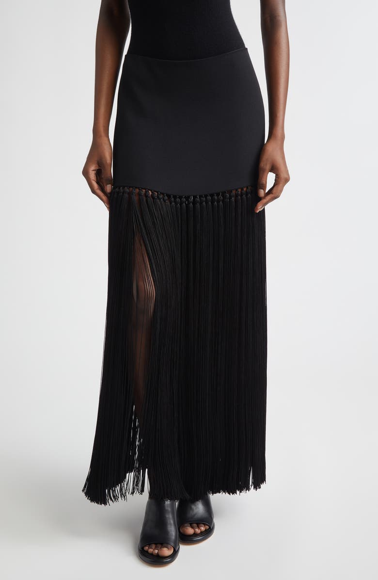 Michael Kors Collection Tassel Wool Gabardine Miniskirt, Main, color, Black