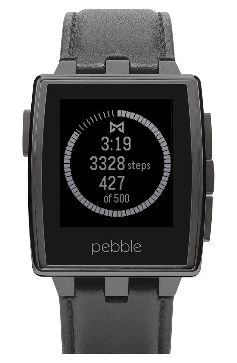 Pebble Rectangular Leather Strap Smart Watch, 43mm, Main, color, 